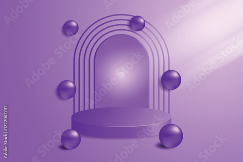 Purple 3D podium with cylindrical shape and bale decoration, illuminated by soft light. Mockup display, or product display in an elegant and modern design.