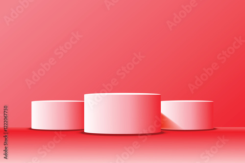 three red 3D podiums with a cylindrical shape on a bright surface, illuminated by soft light. Display, mockup or product display in an elegant and modern design