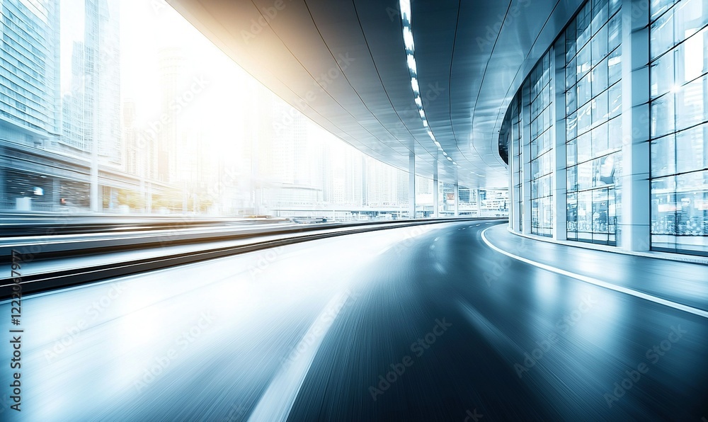 Obraz premium Curved city road with motion blur, glass building, urban background