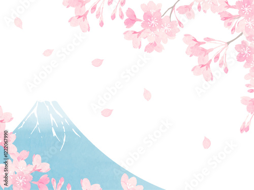 水彩で描いた桜と富士山の背景イラスト
