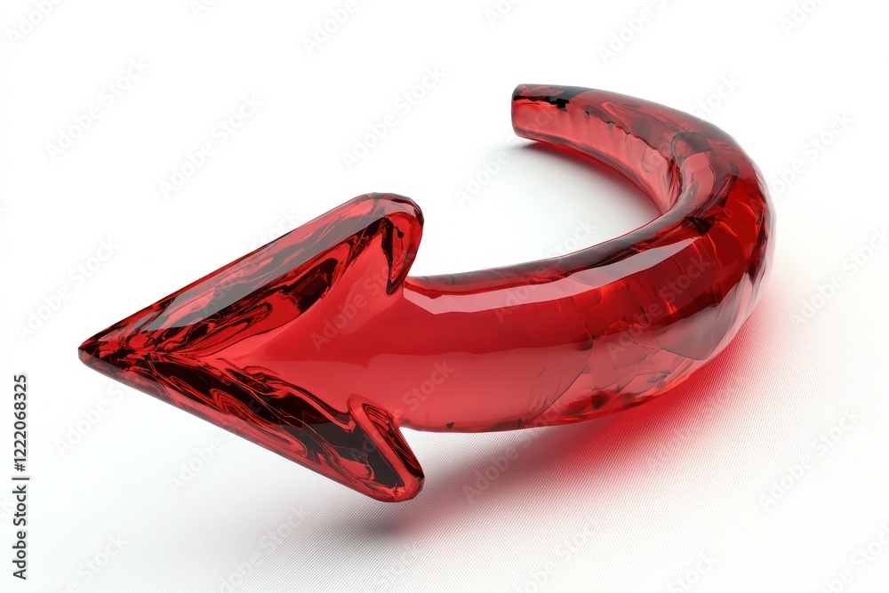 Curved red arrow with a glass-like appearance, 3D rendered on white. Curved red arrow with a glass-like appearance, 3D rendered on white.