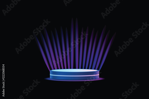 Illustration of a glowing podium stage with futuristic blue and purple lighting effects. The dark backdrop provides focus on the podium with dramatic lighting, perfect for presentations