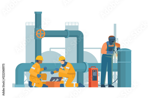 Oil and Gas Industry Workers Maintaining and Repairing Pipelines. Fully Editable Elements, Easy to Customize