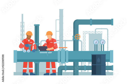Oil and Gas Industry Workers Maintaining and Repairing Pipelines. Fully Editable Elements, Easy to Customize