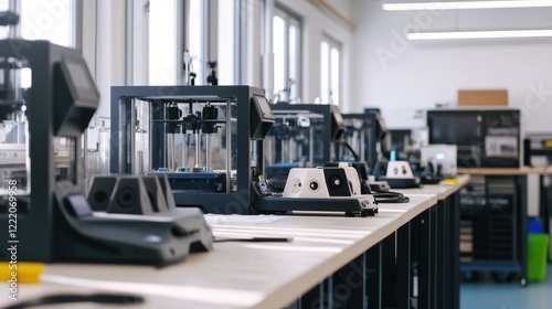 A bustling industrial 3D printing lab with large-scale printers creating customized parts and prototypes for various industries, 3D printing lab scene, Additive manufacturing style