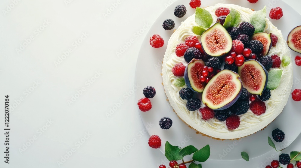 Delicious Creamy Cake Topped with Fresh Berries and Figs on a White Plate Surrounded by Additional Berries and Green Leaves for a Lively Aesthetic Appeal