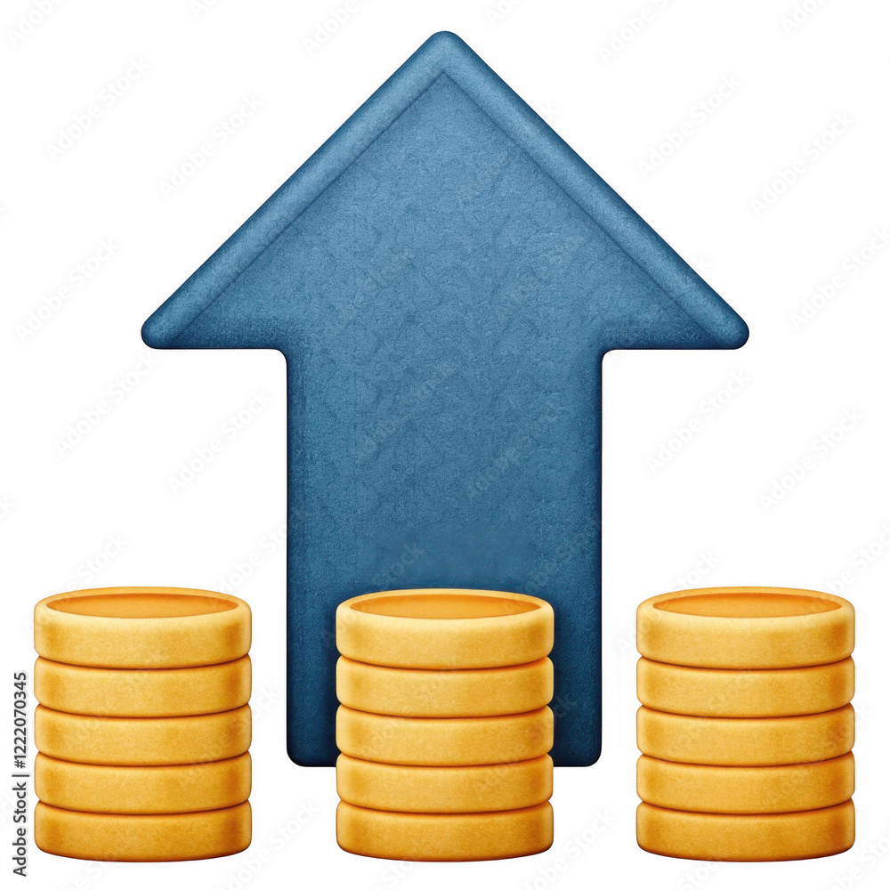 A stack of gold coins with an upward arrow symbolizing growth or increase in value. A stack of gold coins with an upward arrow symbolizing growth or increase in value.