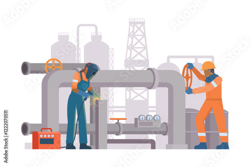 Oil and Gas Industry Workers Maintaining and Repairing Pipelines. Fully Editable Elements, Easy to Customize