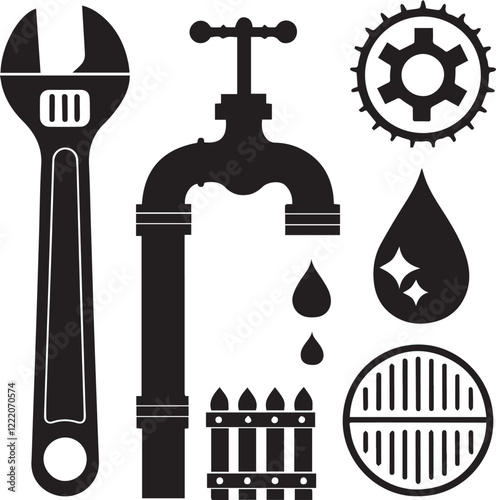 plumbing icon set silhouette on White Background.