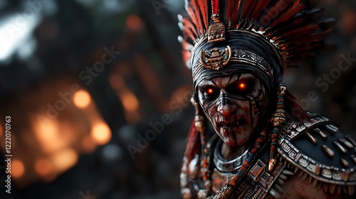Gory Aztec Warrior, Fierce Gaze, Blood-Soaked Armor, Glowing Eyes, Dark Background, Intense Portrait