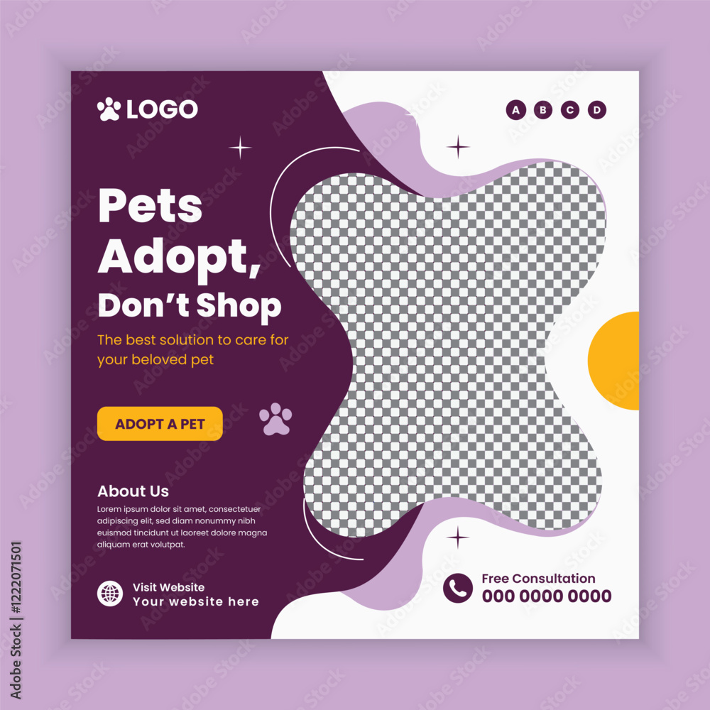 Obraz premium Pet Adoption, Food and Healthcare Service Social Media Post Design or Pet Business Facebook and Instagram Post Square Banner Template