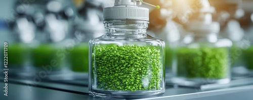 Green energy concept. Close-up of a glass jar filled with vibrant green granules for scientific research.