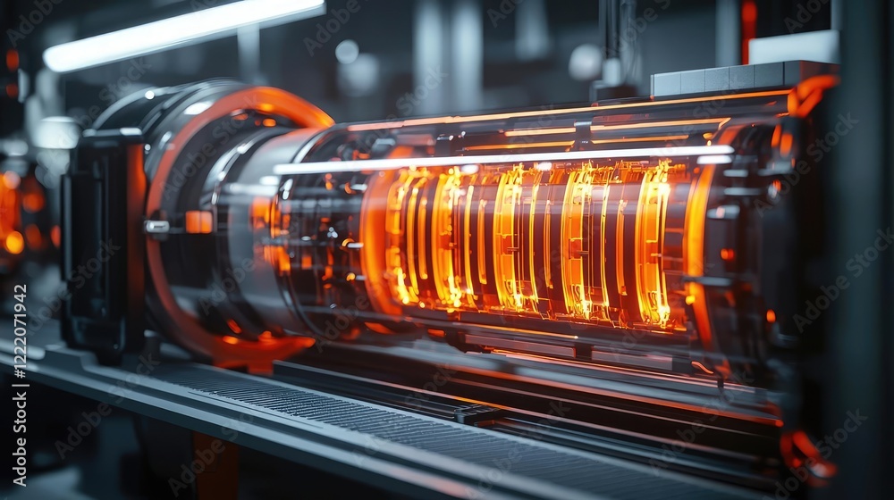 Renewable energy idea. Close-up view of a high-tech industrial machine showcasing vibrant glowing components. Renewable energy idea. Close-up view of a high-tech industrial machine showcasing vibrant glowing components.