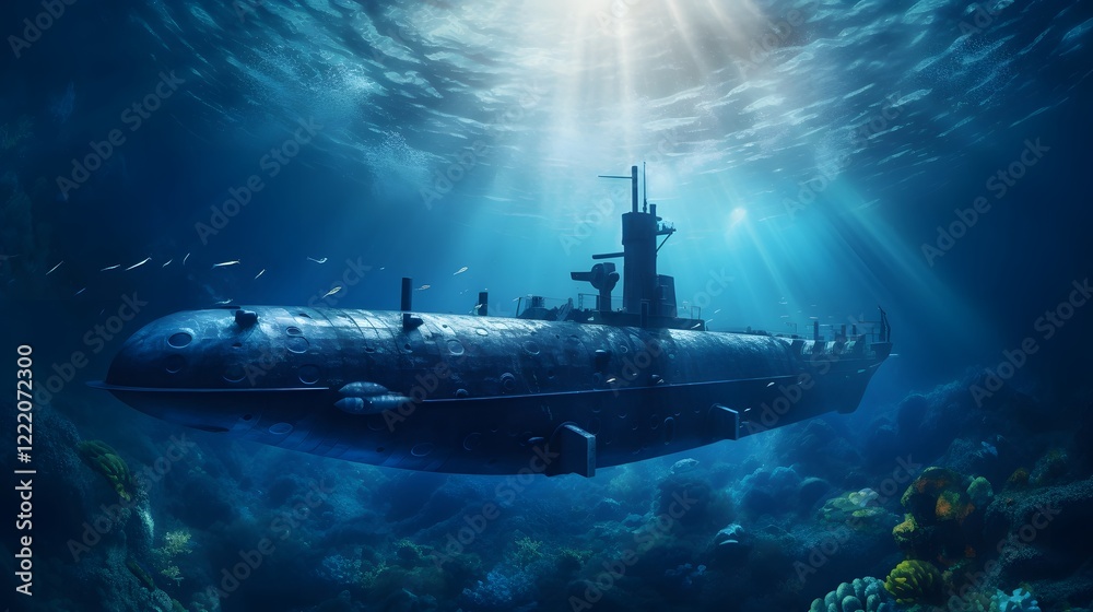 Dramatic underwater view showcasing a submerged submarine navigating the deep blue expanse of the ocean  The vessel appears sleek and powerful