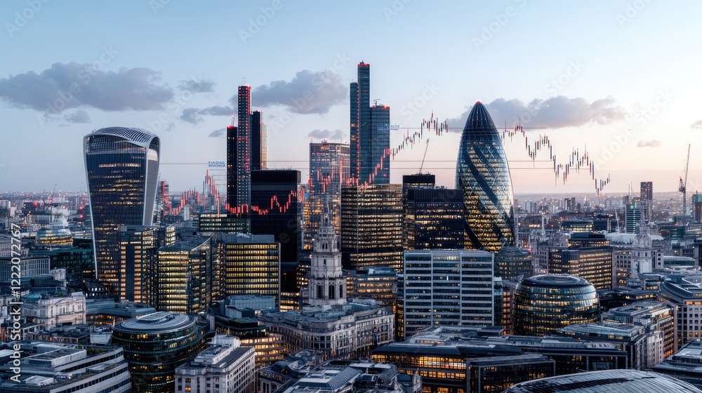London cityscape at dusk, stock market graph overlay, financial district