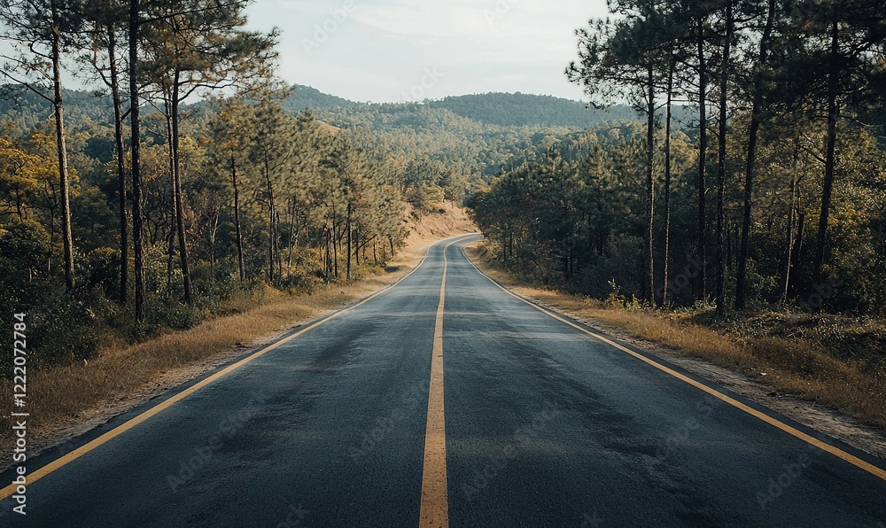 Fototapeta premium Empty asphalt road through pine forest in mountains