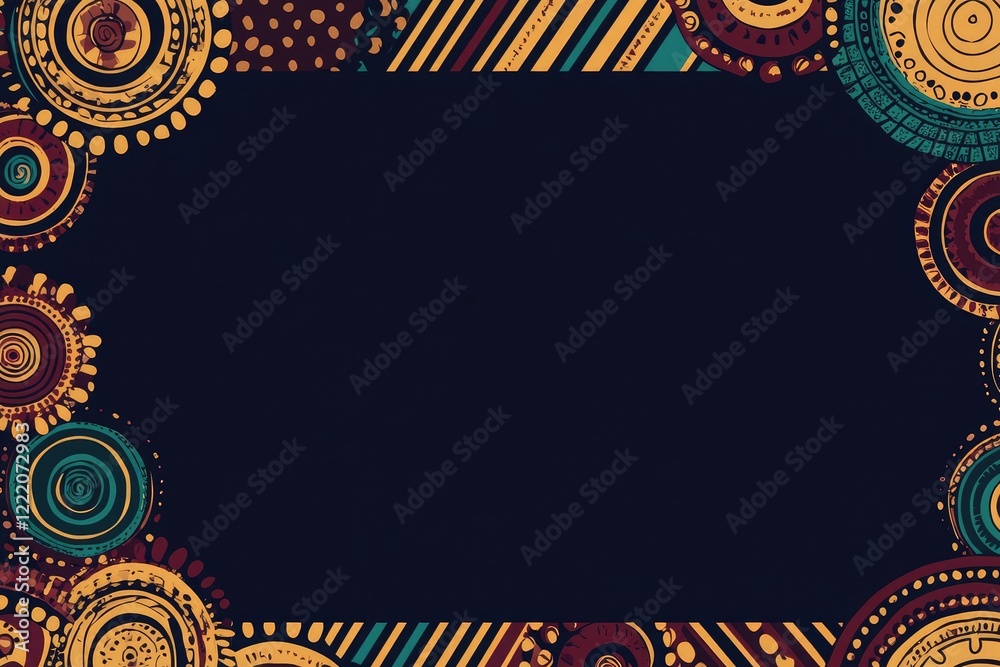 A rectangular blank banner on an African print background with dark maroon, blue, and green patterns A rectangular blank banner on an African print background with dark maroon, blue, and green patterns