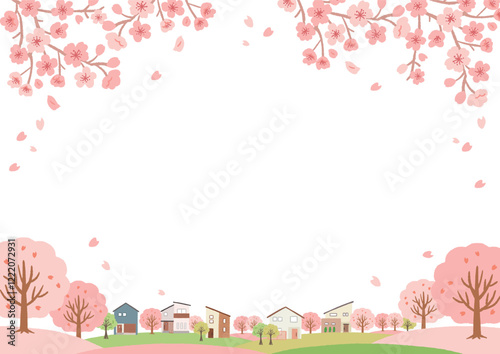 桜の季節の街の風景のイラスト　背景素材