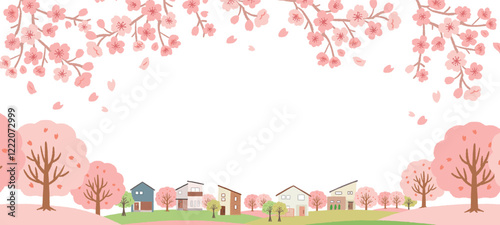 桜の季節の街の風景のイラスト　背景素材　バナー