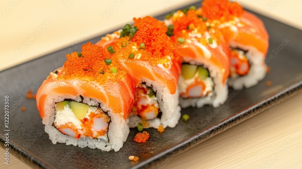 Delicious salmon sushi rolls with tobiko and mayonnaise. Delicious salmon sushi rolls with tobiko and mayonnaise.