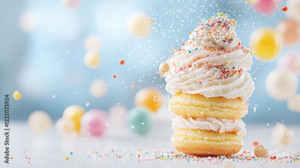 Colorful macarons with frosting and sprinkles, festive background, perfect for celebration cards Colorful macarons with frosting and sprinkles, festive background, perfect for celebration cards