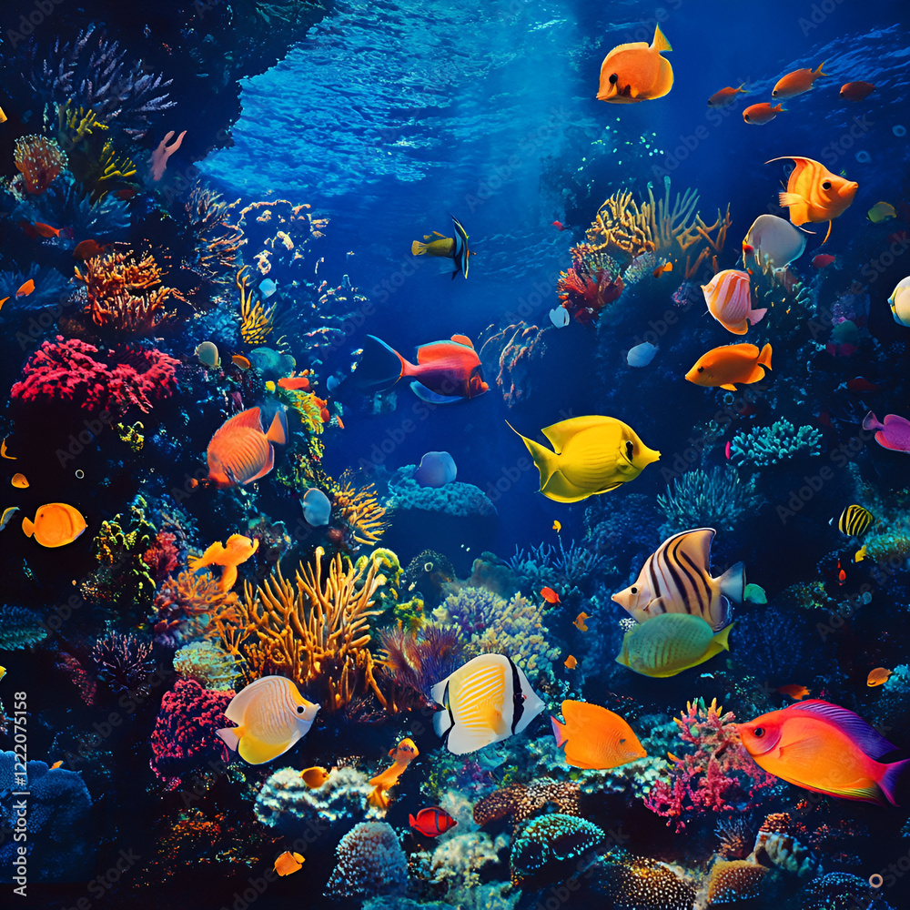 Fototapeta premium Vibrant Coral Reef: A breathtaking underwater scene teeming with diverse, colorful fish and vibrant coral formations. A kaleidoscope of marine life in a thriving ocean ecosystem.