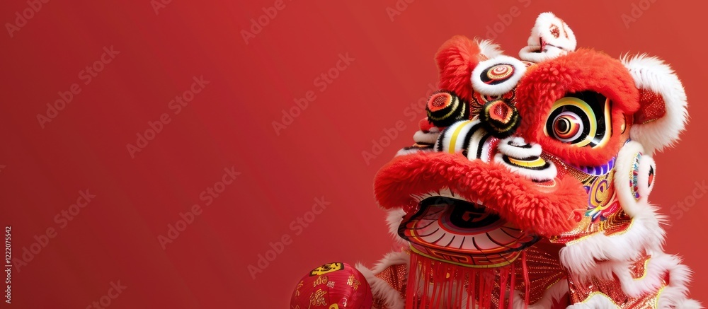 Fototapeta premium Red lion dance costume, red background, celebration (8)