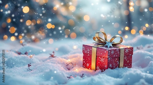 Festive Gift Box in Snow With Golden Ribbon and Stars. generator AI