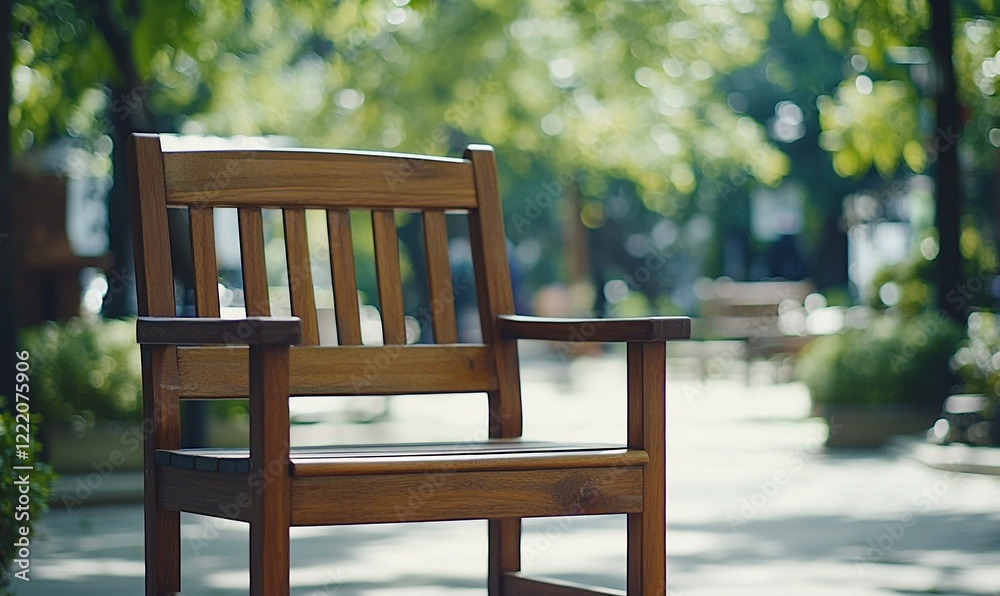 Empty wooden chair in sunny park, blurred background