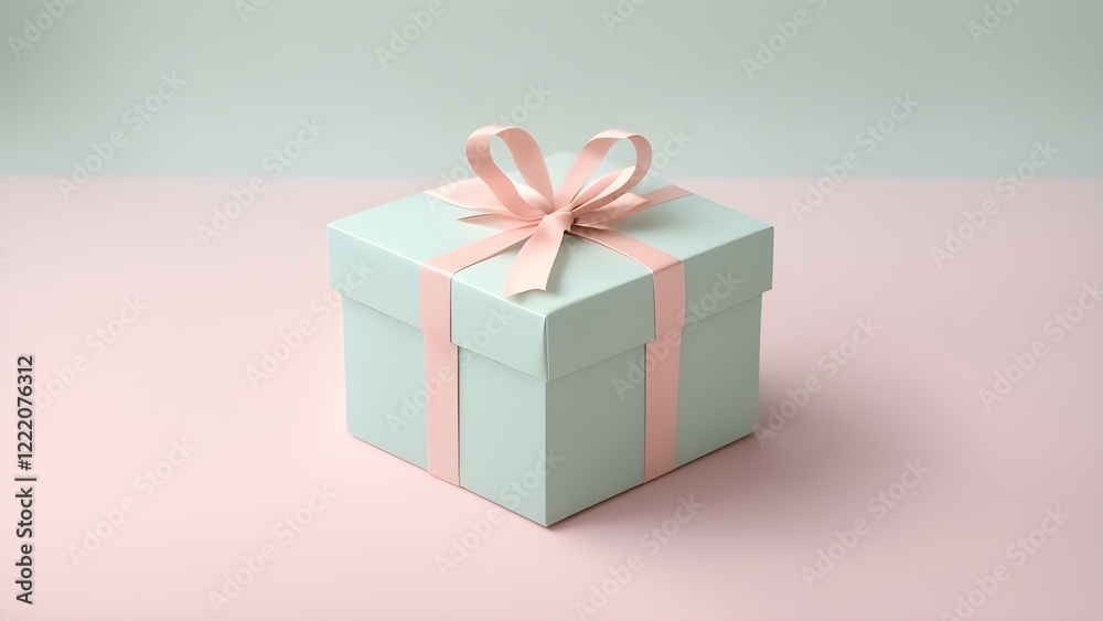 Fototapeta premium Pastel green gift box with a pink ribbon on a pink and mint green background.