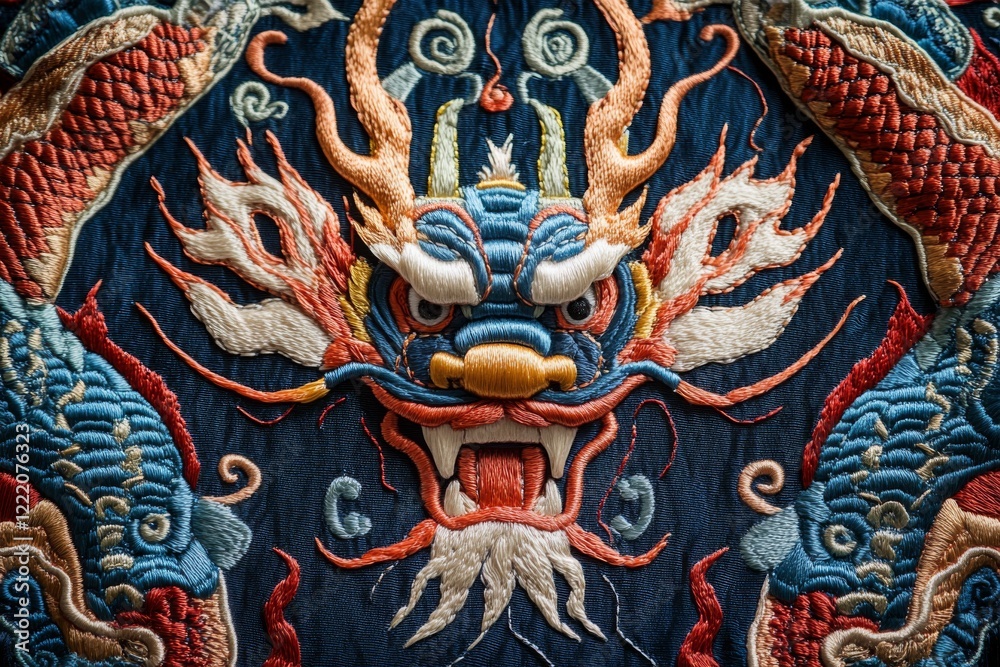 Naklejka premium Intricate Dragon Embroidery Asian Textile Detail Colorful Threadwork Close up