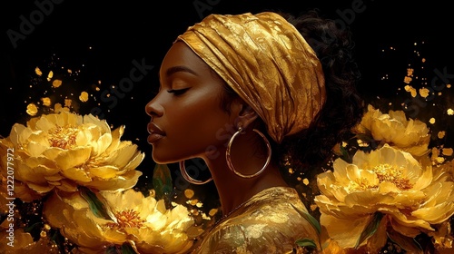Golden elegance: A serene portrait of a woman adorned in gold with peonies and abstract art. Generative AI