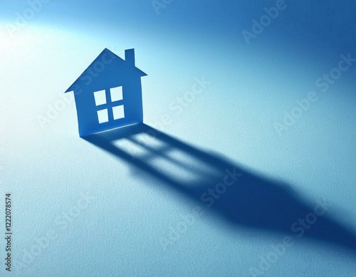 paper house with long shadow on blue background