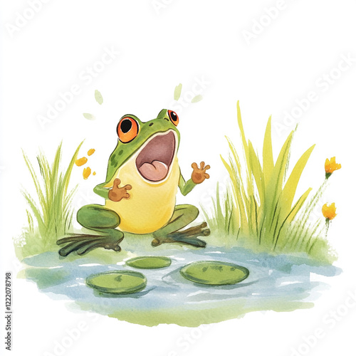 Loud Frog Croaking in a Serene Pond Setting Minimalist Nature Scene with Reflections and Greenery Capturing the Essence of Peaceful Wildlife in a Tranquil Environment