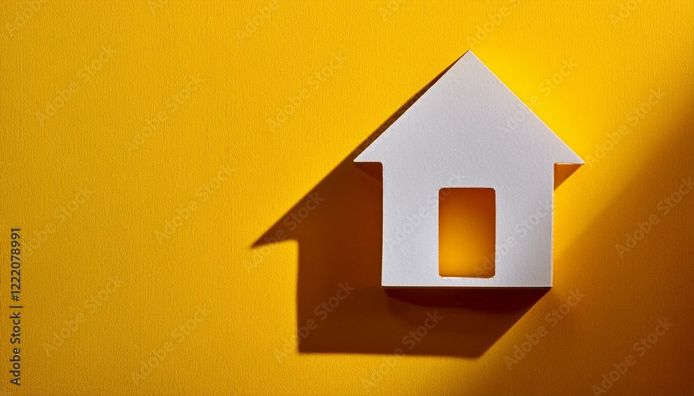 paper house with long shadow on yellow background paper house with long shadow on yellow background