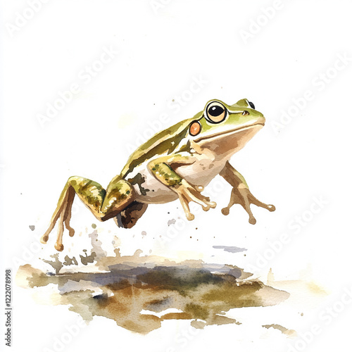 Minimalist Scene of a Frog Leaping Over a Small Puddle in Nature Capturing the Essence of Playfulness and Freedom in a Serene Environment