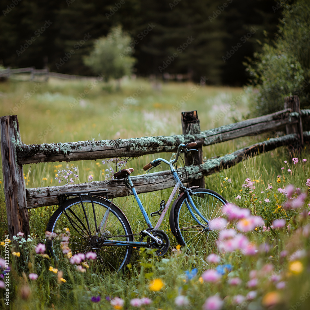 Blue Bicycle in a Field of Flowers: A vintage blue bicycle leans against a weathered wooden fence, surrounded by a vibrant carpet of wildflowers, creating a tranquil and picturesque scene. Blue Bicycle in a Field of Flowers: A vintage blue bicycle leans against a weathered wooden fence, surrounded by a vibrant carpet of wildflowers, creating a tranquil and picturesque scene.