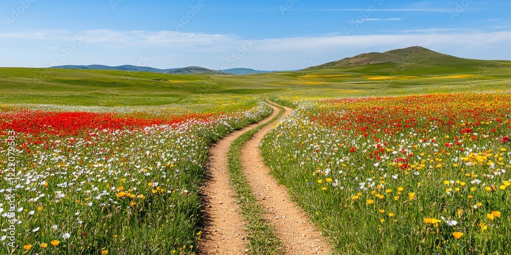 A scenic pathway winds through vibrant fields of flowers under a clear blue sky, creating a picturesque and tranquil landscape. A scenic pathway winds through vibrant fields of flowers under a clear blue sky, creating a picturesque and tranquil landscape.
