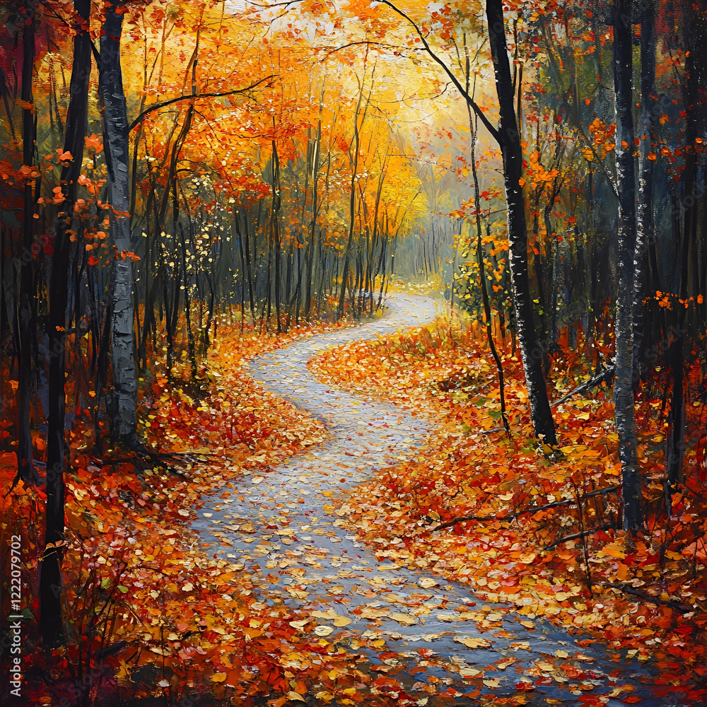 Obraz premium Autumnal Path: A winding road curves through a vibrant autumn forest, bathed in the warm glow of the setting sun. Fallen leaves carpet the path, creating a picturesque scene of fall colors. 
