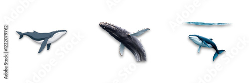 A group of whales isolated on a transparent background