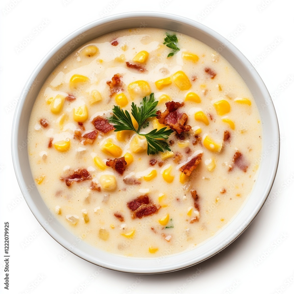 A bowl of creamy corn chowder with bacon bits, isolated white background, modern art style A bowl of creamy corn chowder with bacon bits, isolated white background, modern art style