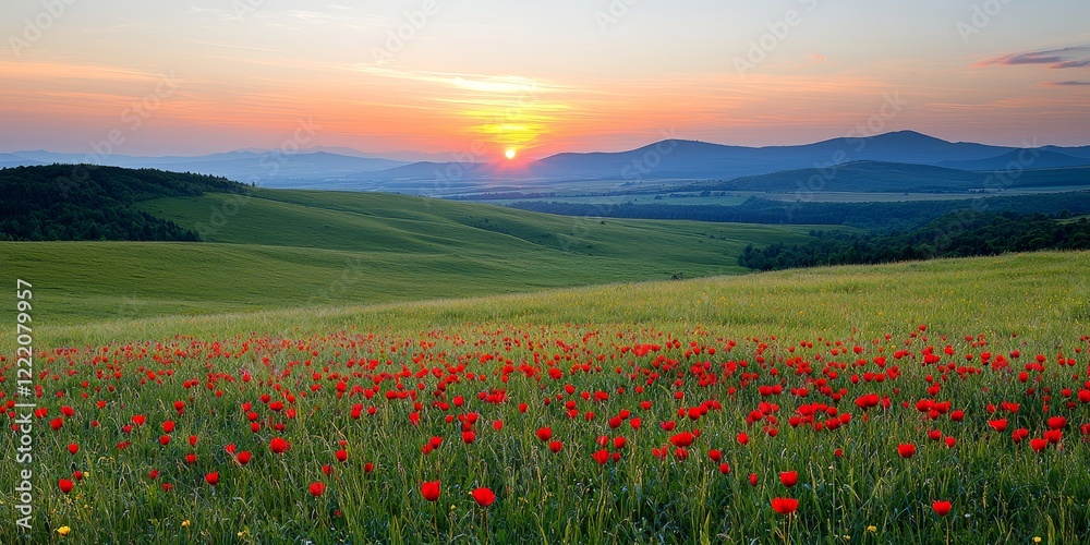 A scenic landscape featuring a vibrant field of red poppies under a colorful sunset, with rolling green hills in the background. A scenic landscape featuring a vibrant field of red poppies under a colorful sunset, with rolling green hills in the background.