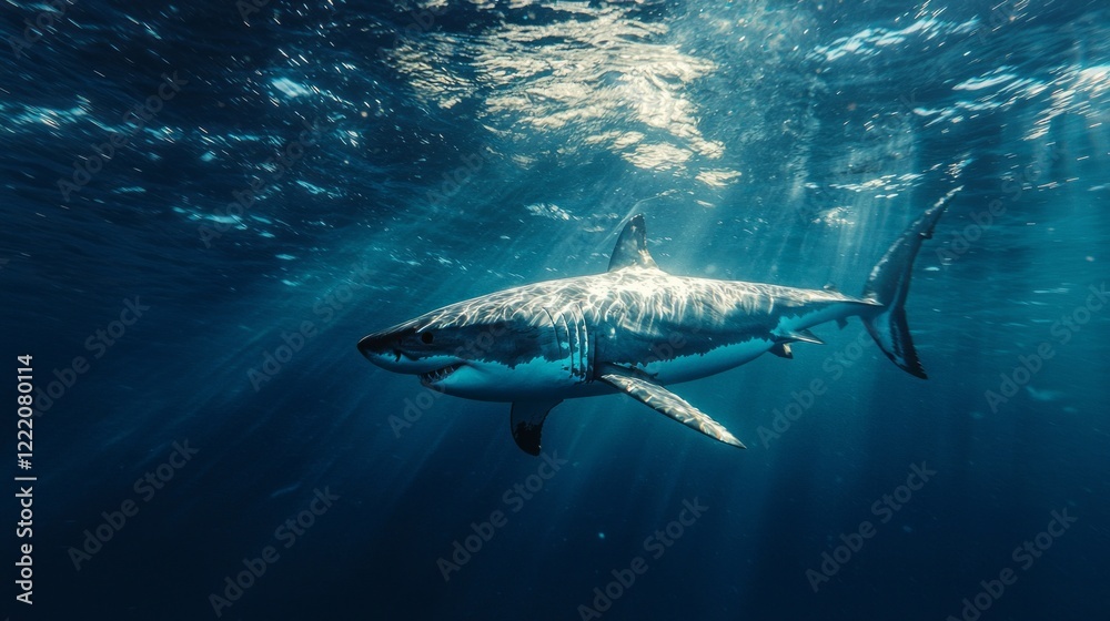 Fototapeta premium Beneath the shimmering surface, a majestic Great White Shark glides effortlessly through crystal-clear waters, illuminated by soft beams of sunlight filtering down from above