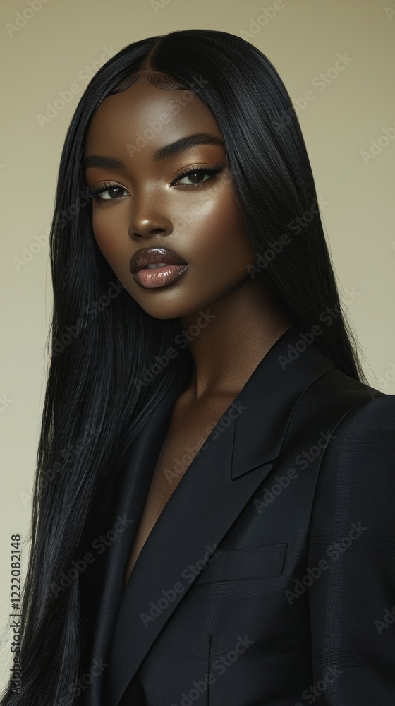 Fototapeta premium In a minimalist setting, a stunning Black woman stands confidently, her long straight hair cascading down. Her elegant attire enhances her poise, showcasing timeless beauty and strength