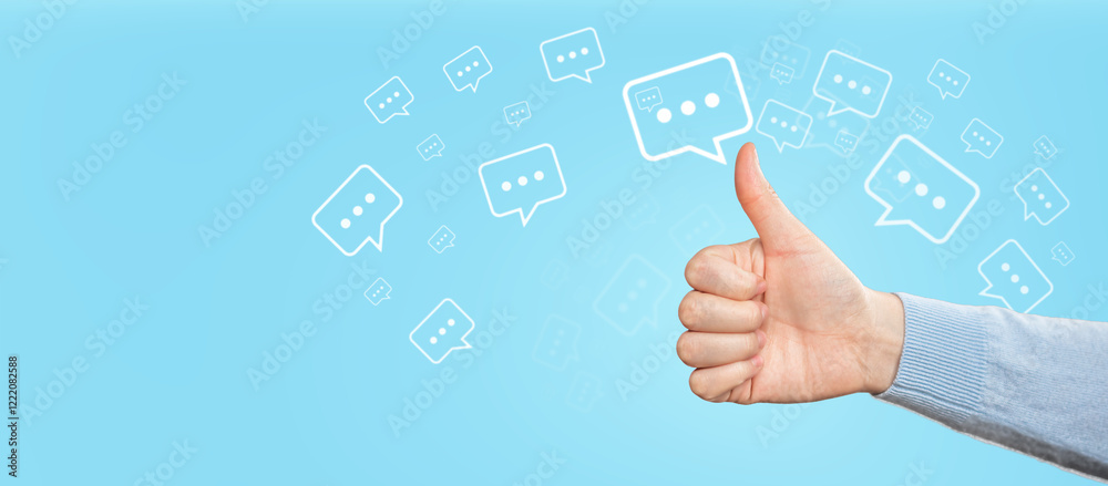 Social network and feedback concept. Send a message with my finger. Talk or comment sign symbol on blue background. Social network and feedback concept. Send a message with my finger. Talk or comment sign symbol on blue background.