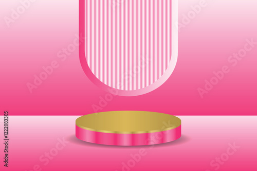 3D cylindrical gold podium, pink gradient background with vertical texture elements, mockup appearance, giving a futuristic and modern feel.
