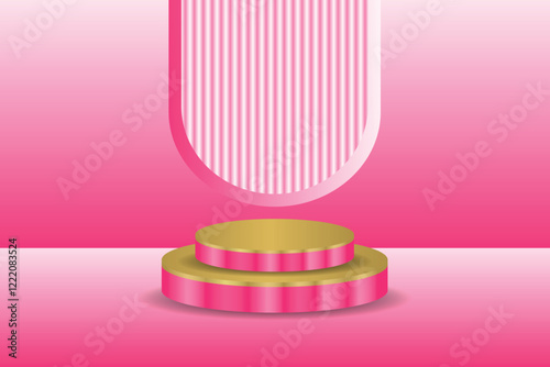 3D cylindrical gold tiered podium, pink gradient background with vertical texture elements, mockup appearance, giving a futuristic and modern feel.