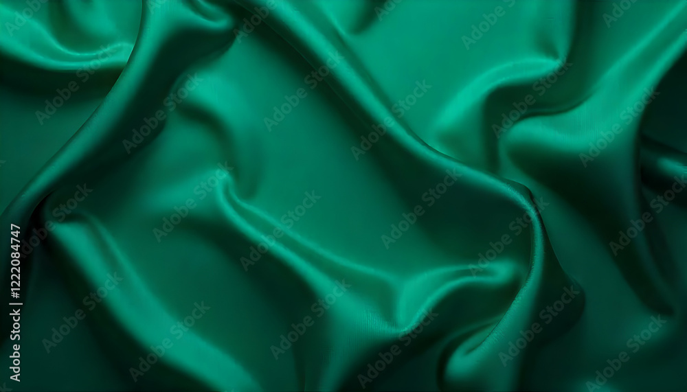 Obraz premium Dark green silk satin background. Beautiful soft folds on the smooth surface of the fabric. Luxury background with copy space for design. Wide banner. Top view. Flat lay