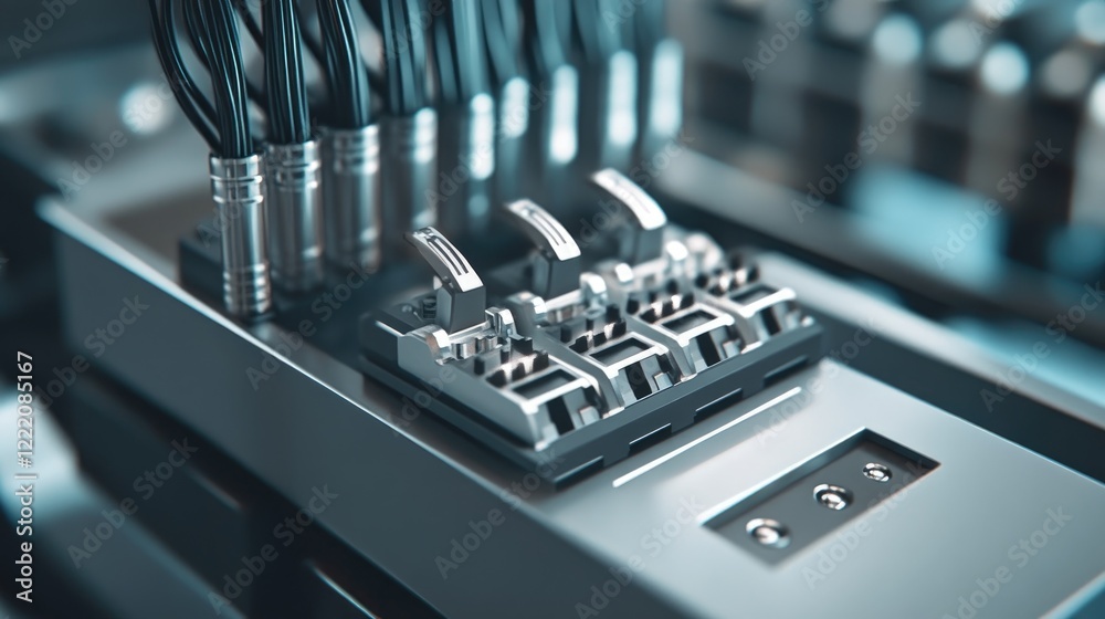 A collection of fiber optic connectors attached to a control box in a clean, technical setting, symbolizing professional electronics and communication infrastructure A collection of fiber optic connectors attached to a control box in a clean, technical setting, symbolizing professional electronics and communication infrastructure