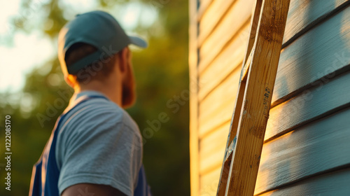 Wallpaper Mural A worker engaged in refurbishing a house's exterior siding with afternoon sunlight casting a warm glow. Torontodigital.ca
